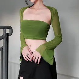 2023 Magliette da donna Sexy Crop Top da donna T-shirt con maniche a rete Top Scava fuori Camicia da donna trasparente T-shirt verde casual