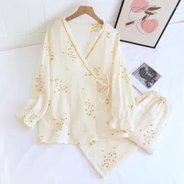 Kadınların pijama Japon Kimono Pijamaları Pamuk Gezodesi Uzun Kollu Çöp Femme V-Neck Çiçek Pantolonları Pijama Mujer Kadınlar Takım Gevşek Sıradan 2