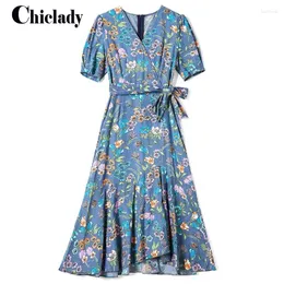 Casual Dresses CHICLADY Large Size 2XL V-neck Floral Printed Sashes Midi Causal Party Blue Flower Chiffon Boho Summer Dress Vestido