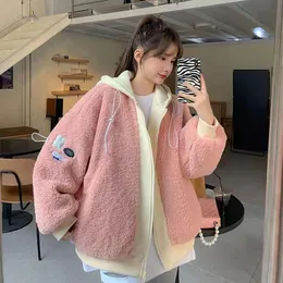 Blazers Color Matching Fake Two Piece Plush Thickened Women's Jacket 2021 Winter Loose Fashion Hooded Lamb Plush Jacket Women's Jacket