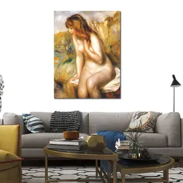 Impressionist Canvas Art Bather Seated on A Rock Handmade Pierre Auguste Renoir Painting Landscape Artwork Woman Bathroom Decor