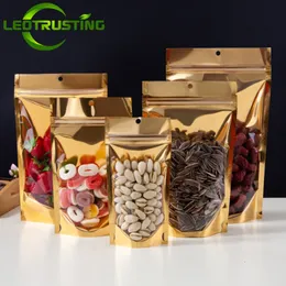 Sacchetti per imballaggio 100 pezzi Stand up Risigillabile Borsa per imballaggio con cerniera frontale trasparente dorata Snack fatto a mano Mais Caffè Cioccolato Frutta secca Regali Sacchetti 230710