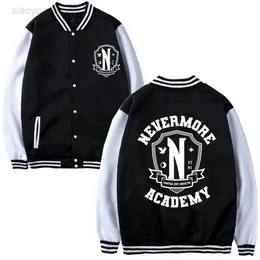 Herrjackor TV Drama Onsdag Addams Bomberjacka Nevermore Academy Grafik Baseballuniform Par Mode Oversized Street Tops HKD230710