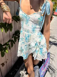 Basic Casual Dresses Boho Inspired Blue Floral Straps Party Dress Bow Tied Shoulder Smocked Bodice Embroidery Summer Chic Ladies Mini 230710