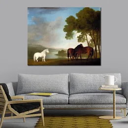 Hochwertiges Gemälde von George Stubbs auf Leinwand, Pferd, zwei braune Stuten, graues Pony in einer Landschaft, handgefertigtes klassisches Landschaftskunstwerk