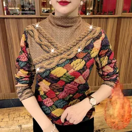 모피 여자 의류 가을 겨울 패션 빈티지 플리케 반 하이 고리 풀버 슬림 세련된 색상 인쇄 긴 슬리브 tshirt