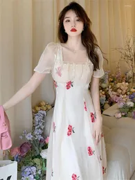 Fritidsklänningar Vintage fyrkantig krage Broderad Fairy Dress Chiffong Formell Kvinnor Elegant Robe Longue Mousseline De Soie Blommig