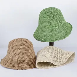 Cappelli a tesa larga da donna Cappello da sole in paglia di paglia intrecciato secchiello da pesca spiaggia berretto pieghevole tinta unita estate 230710