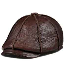 Octagonal Beret Hat Male Winter Men's Cowhide Leather Elegant Fashion Student Tongue Cap Snapback Caps For Driver Cabbie Kangol