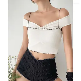 Women's Tanks Mesh Gauze One Shoulder Crop Top Basic Women Vintage Clothes Elegant Ladies Y2k Blouse Casual Vacation Short Vests Summer 2023