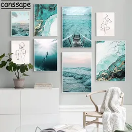 Pinturas Ocean Wall Posters Turquoise Marbling Print Pictures Body Lines Art Prints Nude Canvas Poster Nordic Living Room Decor 230707