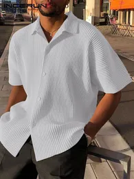 Men's Dress Shirts American Style Casual Simple Men's Solid Blouse Streetwear Male Loose Comfortable Pleated Short Sleeve Shirts S-5XL INCERUN 230710