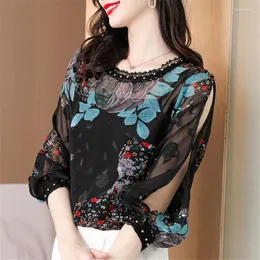 Vrouwen Blouses Vrouwen Chiffon Lente Zomer Print Shirts Half Mouw O-hals Lace Splice Elagant Kralen Tops Blusas MM1281