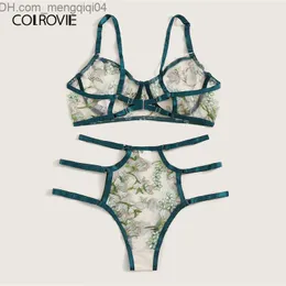 BH-set COLROVIE Gröna blommor broderade skira underkläderset Kvinnor Bygel Intimates Cut Out BH och stringtrosor Dam Sexiga Set LJ201211 Z230711