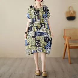 Casual Dresses National Wind Mother Dress 2023 Summer Temperament Over-the-knee Mid-length Short-sleeved Cotton