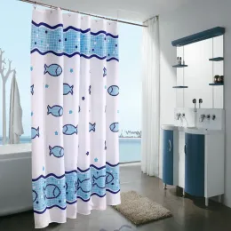 Blue Fishes Shower Curtains Qualified Polyester Bathroom Curtain Waterproof Fashion Cartoon Fish Bath Curtain