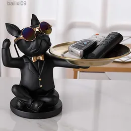 Decorative Objects Figurines French Bulldog Figurine Resin Dcor Dog Statue Butler with Metal Tray Living Room Decoration home Sculpture Craft Gift T230710