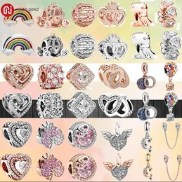 Charms z koralików ze srebra próby 925 pasuje do charmsa pandora Rose Gold Silver Color Carriage Heart Angel Wings zestaw charmsów