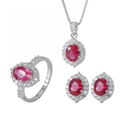 Charms 925 Sterling Silver Created Ruby Stone High Carbon Diamonds Colar Brincos Anel Wedding Fine Jewelry Sets For Women9712125