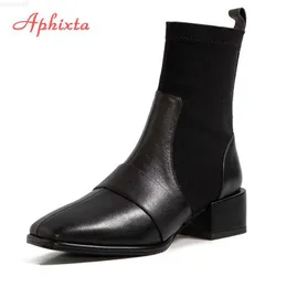 Stiefel Aphixta Plus Big Szie 43 44 Socken Stiefel Für Frauen Mode Karree 6 cm Quadratische Absätze Stiefeletten Slip-on Schuhe Frau Boote L230711