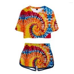 Damskie dresy Tie Dye dwuczęściowy zestaw topy i szorty kolorowy nadruk dres Streetwear dresy damskie seksowne 2 sztuki