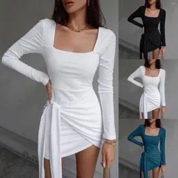 Casual Dresses Women's Dress Sexy Elegant U-Neck Solid Party Princeness Long Sleeve Tie Waist Mini Teen Summer