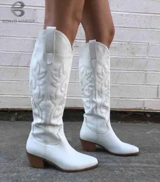 Boots Women's white Cowboy boot 2022 Stacked heels pulled on mid calf boots embroidered autumn and winter shoes west knee high boots L230711
