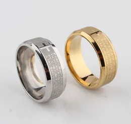 Alianças de Casamento Homens Jóias Bíblia Anel Sliver 316L Espanhol Religioso Aço Inoxidável Pai Oração Padre Nuestro Cruz 8mm 230710