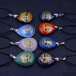 Pendant Necklaces Natural Stone Tree Of Life Chakra Reiki Healing Crystal Teardrop Tumbled Gem Necklace Jewelry Drop Delivery Pendant Dhn1X