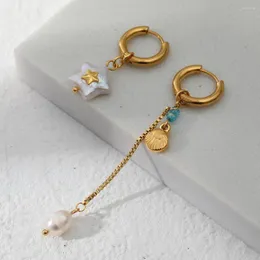 Kolczyki zwisają Boho 18-karatowe prawdziwe złoto pozłacane wodoodporne i odporne na blaknięcie naturalna perła słodkowodna gwiazda Huggie biżuteria ze stali nierdzewnej