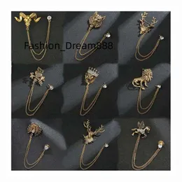 fashion men metal jewelry Leopard Animal long chain goat pegasus peacock lion owl deer head crystal rhinestone suit lapel brooch