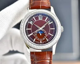 2023 Luxus-Herrenuhr mit Box, mechanische ausgehöhlte Mondphasenfunktion, Lünette mit Diamant-Kalbslederarmband, Präzisions-Herrenuhr mit Stahlgehäuse