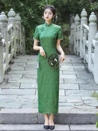 Odzież etniczna elegancka stójka w dłuższym stylu Cheongsam kobiety seksowne chińskie tradycyjne ręcznie robione guziki zroszony frędzel z krótkim rękawem