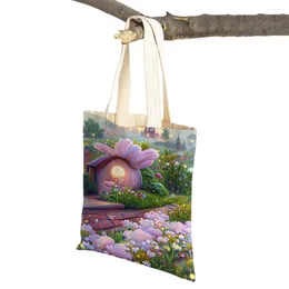 Borse per la spesa Entrambi i lati Cartone animato Fiaba World Girl Shopper Bag Flower Lady Tote Borsa Canvas Floral Fantasy House Women