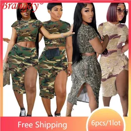 Work Dresses 6sets Bulk Items Wholesale Lots Skirt Suits Two Piece Dress Sets Camouflage Print Crop Top Split Outerwears B11089