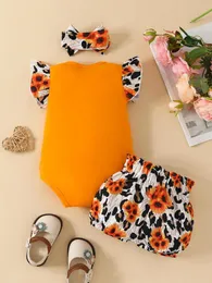 Clothing Sets Wrrkayly Baby Girls Shorts Set Sleeve Letters Print Romper With Flower And Hairband (Orange 3-6 Months)