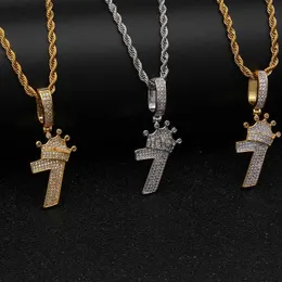 Pendant Necklaces Shiny Crown Number 7 Pendant Necklace Charm With Rope Chain Iced Out Cubic Zircon Hiphop Jewelry x0711 x0711