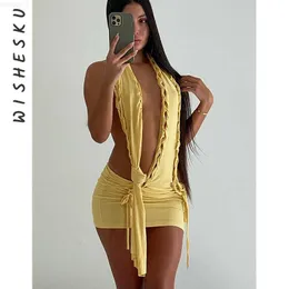 Urban Sexy Kleider Sexy Tie Up Rückenfreies Neckholder Gerafftes Minikleid Frauen Nachtclub Outfits 2023 Sommer Urlaub Strand Tragen Kleider Kleidung Vestidos L230711