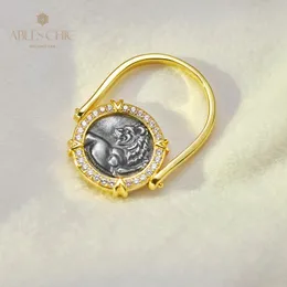 Bant Yüzük Rönesans Katı 925 Gümüş Yunan Lion Coin Flip Ring 18K Altın Ton Antik Heykel Vintage Ring C11R1S25983 230711