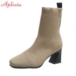 Boots Aphixta 2022 Spring Socks Boots Women Stretch Fabric Elastic Square Heels Comfortable Ankle Boots Shoes Woman Big Size 43 Boats L230711