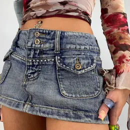 Spódnice Vintage diament Denim mini Obcisłe ubranie Y2K Estetyczny Koreański Kawaii Niski stan Skinny Wrap Bodycon jeans Spódnica ołówkowa Damskie odzież uliczna 230710