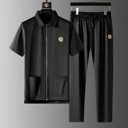 Men s Tracksuits Summer Casual Suit Pocket Short Sleeve Lapel Stretch Zipper Cardigan Sports Two Piece Men Korean Fashion Mens 230711