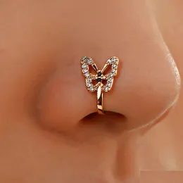 Nose Rings Studs Clips Hoops For Women Non-Piercing Body Jewlery Butterfly Crystal Copper Gold Color Wholesale 2023 New Drop Deliv Dhhaq