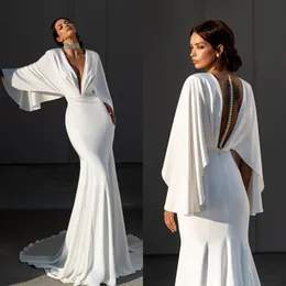 Glamourous Mermaid Dresses Satin Plunging V Neck Wedding Dress Button Back Robe de Mariee Bridal klänningar