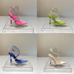 Designer Amina Muaddi Sandálias femininas Sadnal de cetim pontiagudas coloridas Hot Diamond Sapatos de festa de casamento de salto alto cristal girassol tamanho 34-42