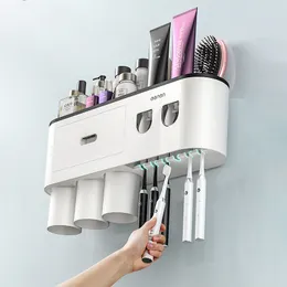 Wandmontierter Zahnbürstenhalter mit 2 Zahnpastaspendern, stanzfreie Badezimmeraufbewahrung für zu Hause, wasserdichtes Badezimmerzubehör