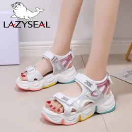 Sandalen LazySeal Plattform Weibliche Sommer Frauen Dicke Untere Regenbogen Sohle Haken Schleife Schuh Keil Mit Offenen Zehen Schuhe 230711