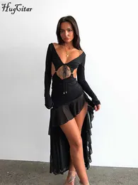 Urban Sexy Dresses Hugcitar Black Long Sleeve Backless Hollow Out Lace Up Ruffles Maxi Prom Dress Summer Women Elegant Birthday Party Y2K Clothes L230711