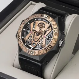 Relógios de Pulso Reef Tiger/RT Masculino Relógios Esportivos Mecânico Automático Relógio Esqueleto Rosa Dourado Pulseira De Couro Impermeável Relogio Masculino