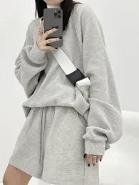 Women's Two Piece Pants HOUZHOU Korean Fashion Gray Women Tracksuit Two Peice Set Long Sleeve Sweatshirt Oversized Elastic Waist Shorts Autumn Suits 230710